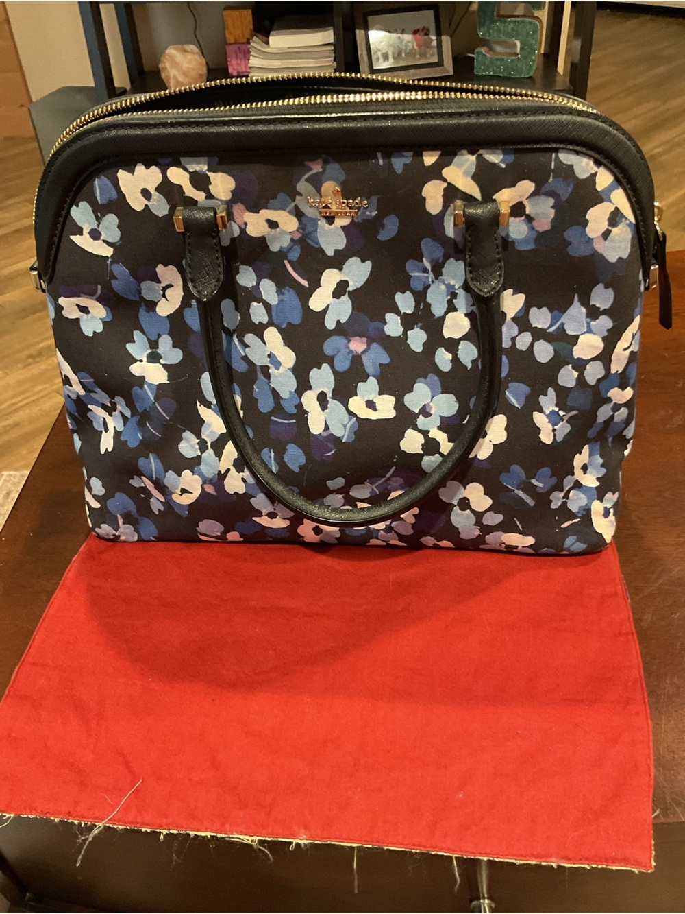 kate spade Black Floral Dome Satchel with Blue & White Accents